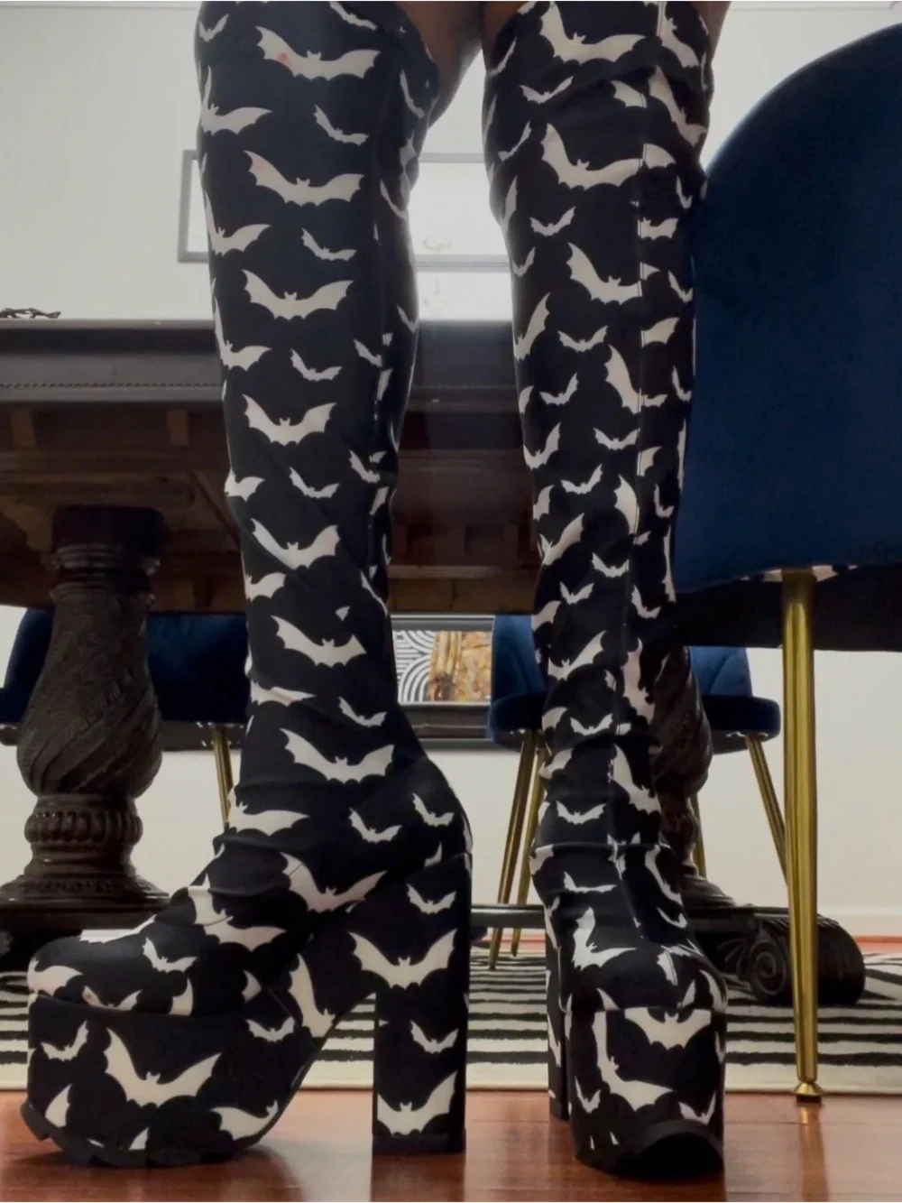 YRU Black & White Bat-Print Platform Boots